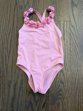 Zara Pink Girls Floral Trim One-Piece Swimsuit